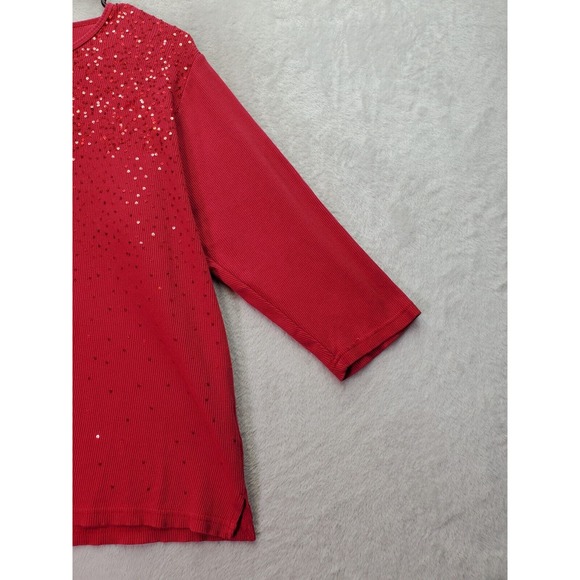 Quacker Factory Blouse Top Women Red Sequin Ribbed Cotton Long Sleeve Round Neck - Picture 6 of 9